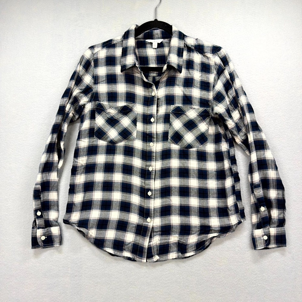 Lucky Brand Flannel Shirt Womens Small White Blue Check Plaid Lightweight Cabin